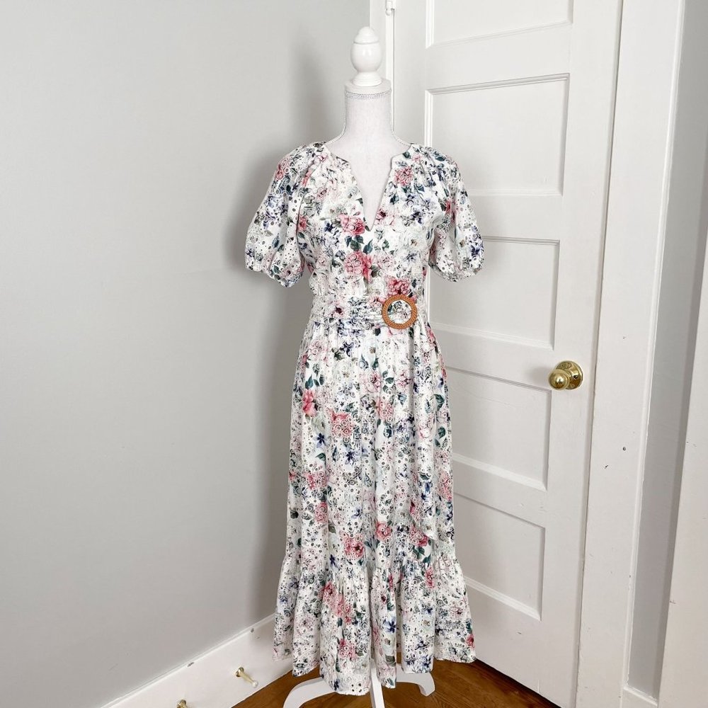 NWT Shoshanna Cream Floral Eyelet Caricia Puff Sleeve Midi Dress Size 4
